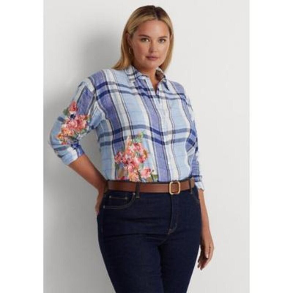 LAUREN Ralph Lauren Plus Size Floral Plaid Linen Shirt (Blue/White)